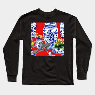 Monkey and chinoiserie jars on red Long Sleeve T-Shirt